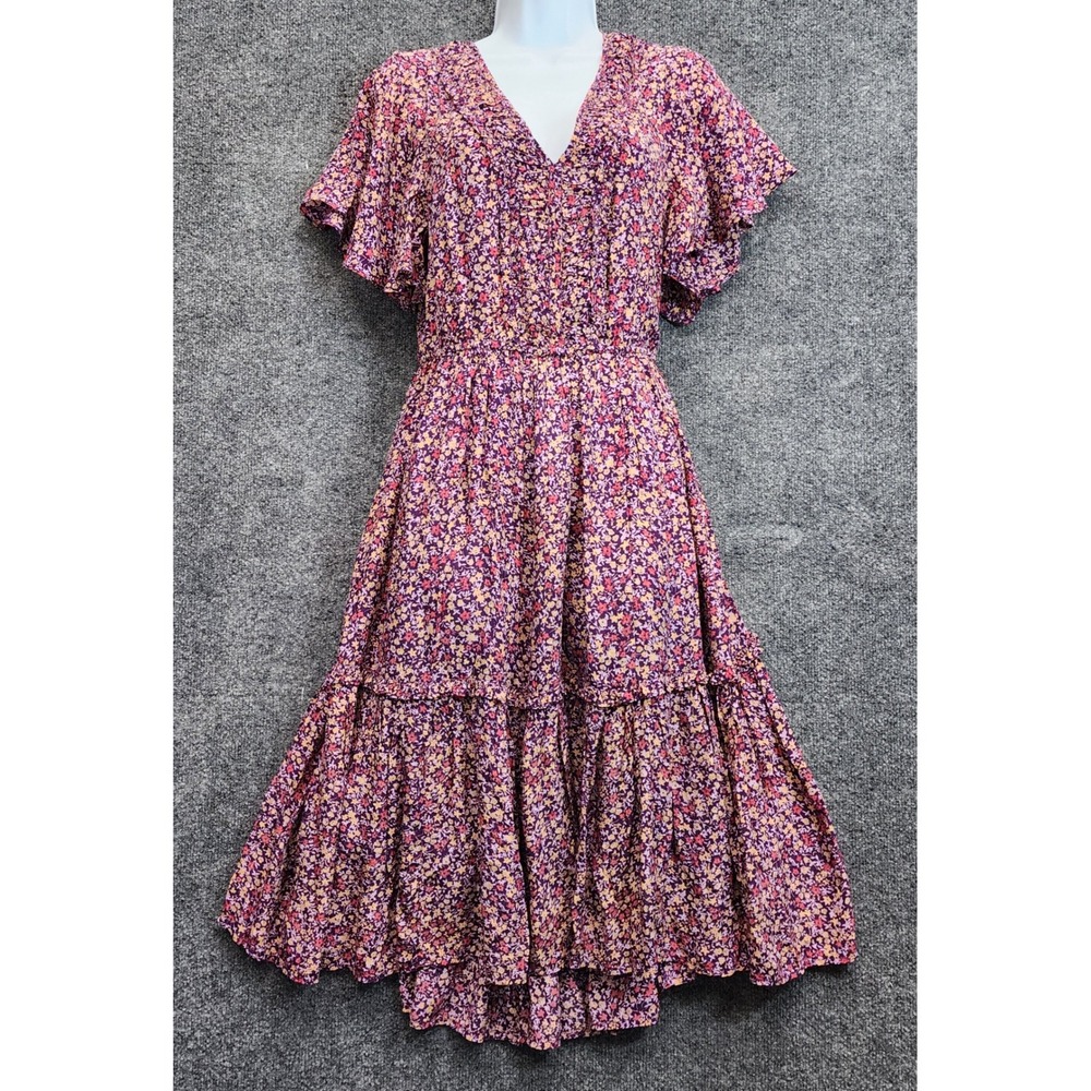 Sundance Women's Floral Tiered Ruffle Sleeve Boho Cottagecore Midi Dress Size M